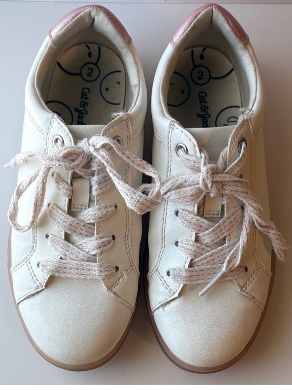 Cat & Jack Kids White Sneakers with Pink Accents - Casual Lace-Up Shoes Size 2